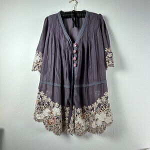 Orchids Womens Purple Half Sleeves Floral Crochet Embroidered V-Neck Tunic Top